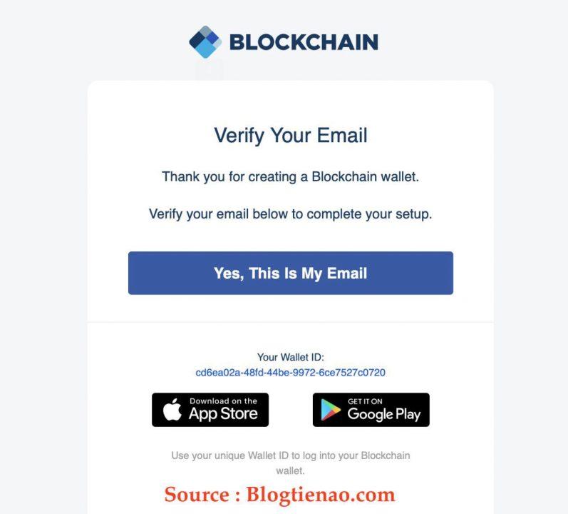 Confirmation d'inscription au portefeuille Blockchain
