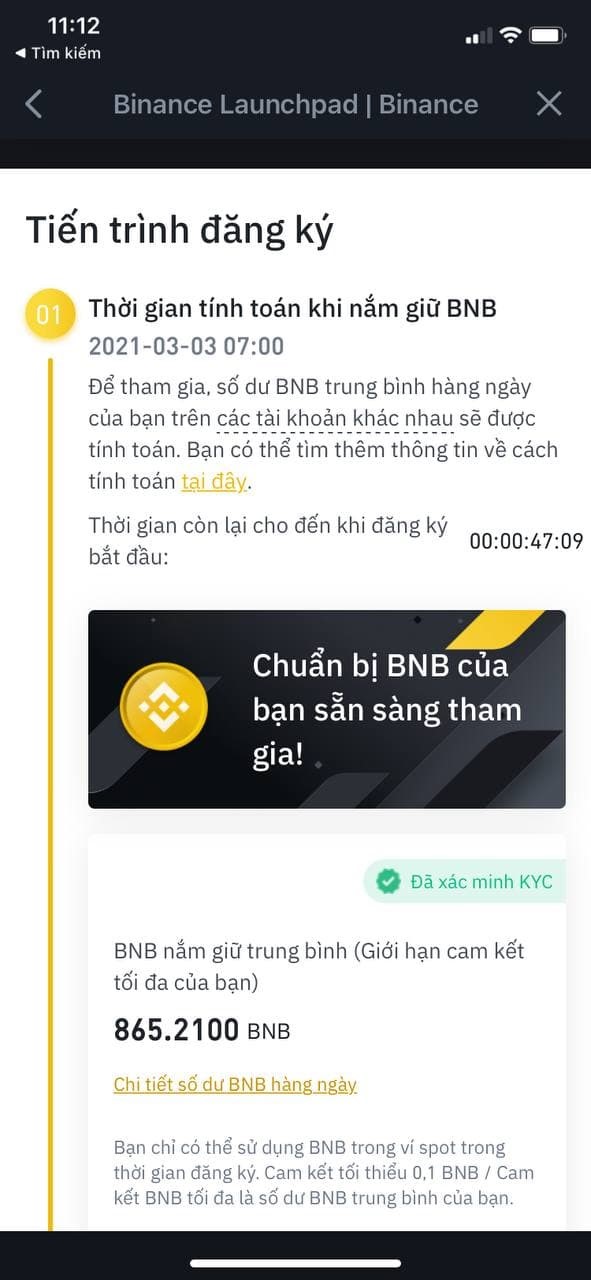 Calculation time for holding BNB