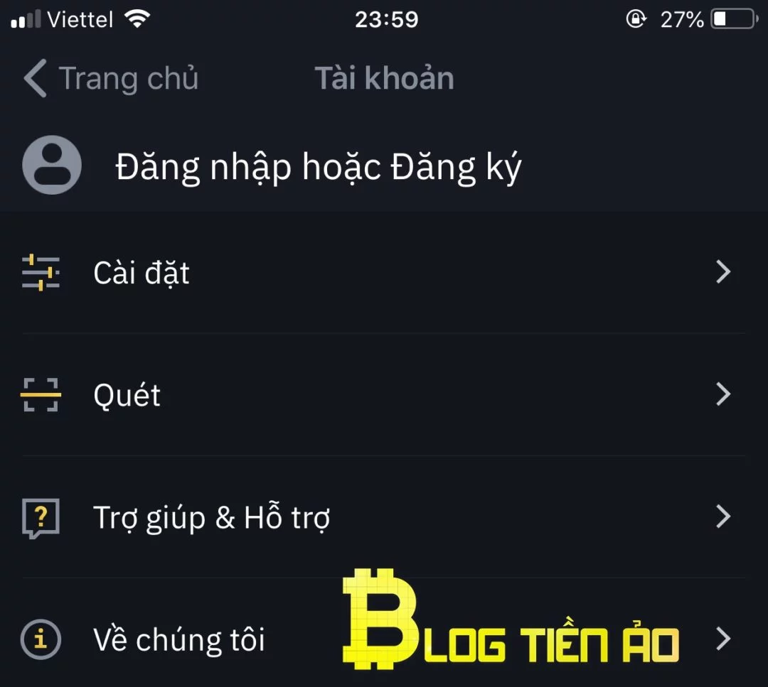 Binance App IOS account section when not logged in