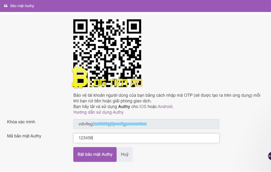 Authy 보안을 활성화하기위한 QR 코드 및 검증 키