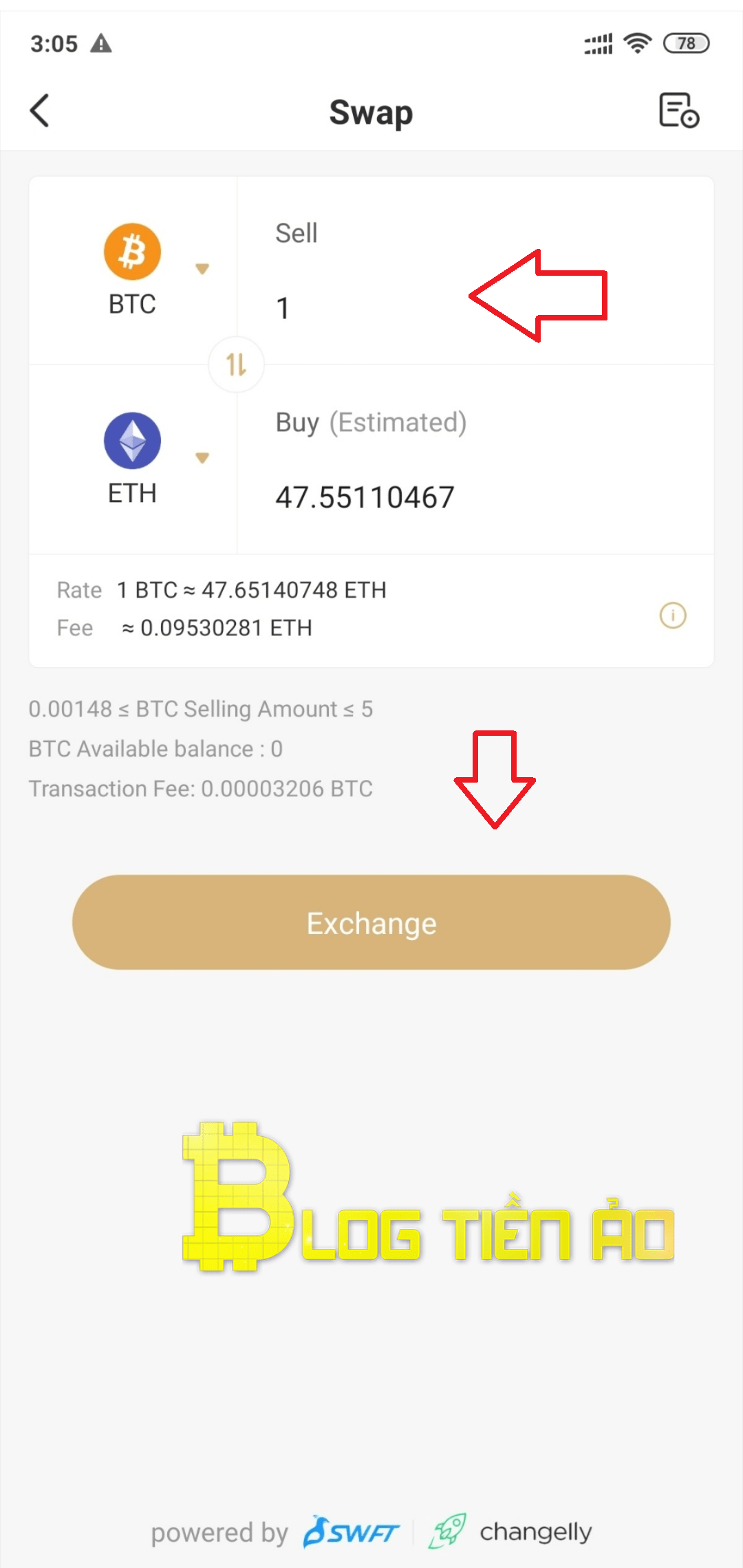 Choose coin and amount to swap