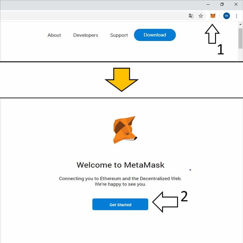 Wählen Sie das Metamask-Logo und klicken Sie auf Erste Schritte