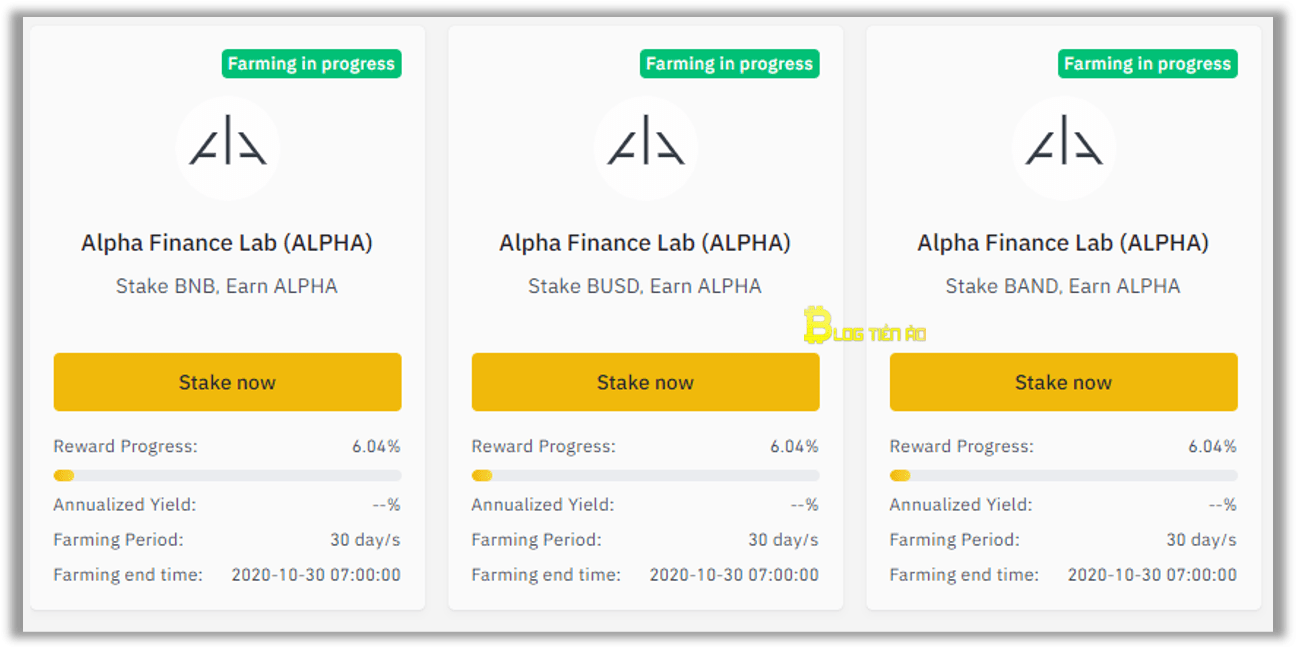 chọn stake now với pool bạn muốn farm alpha