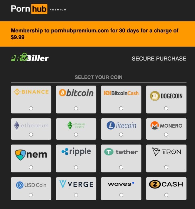 danh sách hỗ trợ thanh toán bằng tiền điện tử của pornhub