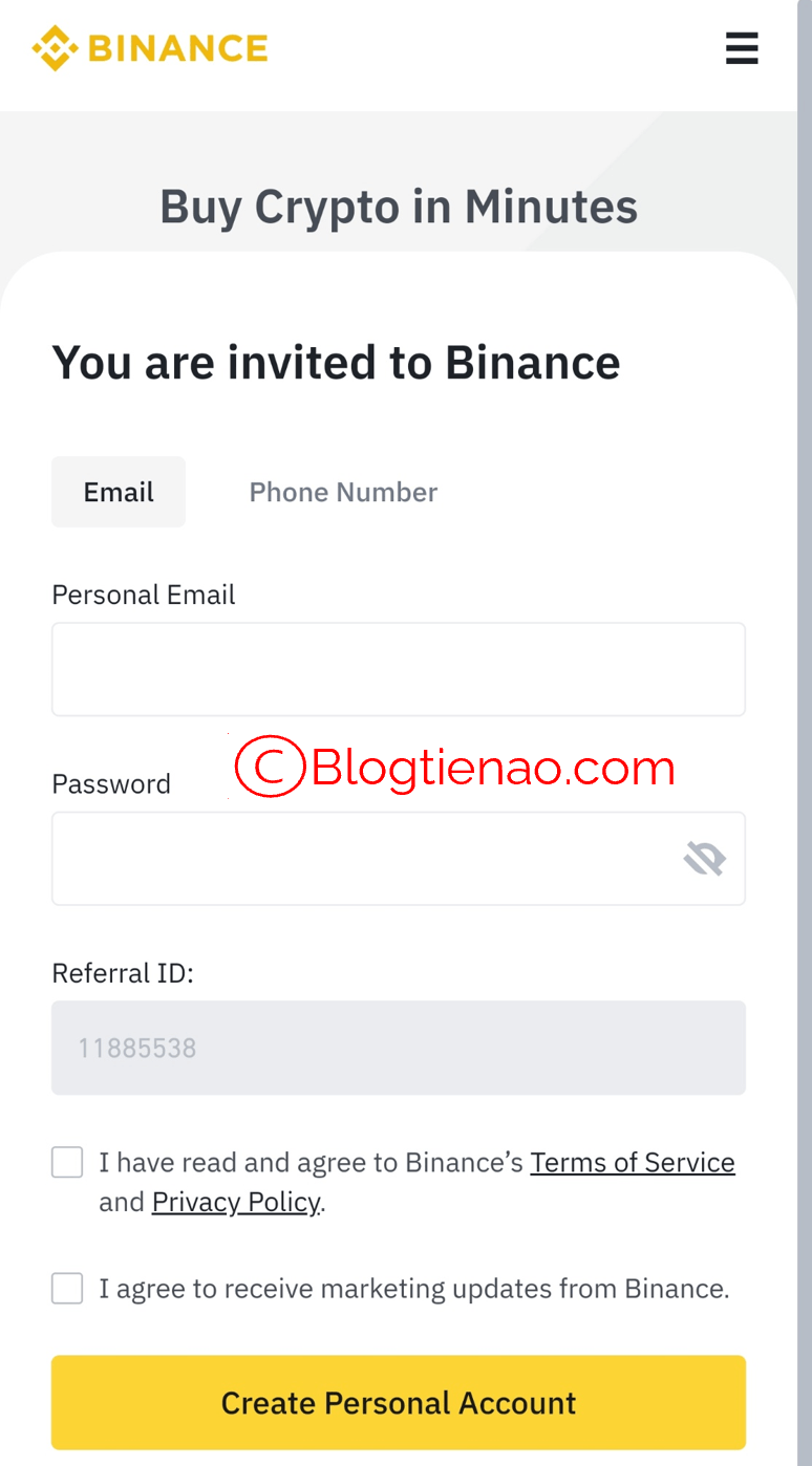 b2 fill in binance registration information