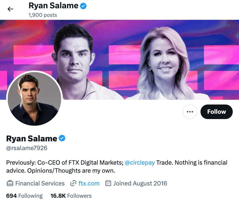 Tài khoản X của Ryan Salame, không hoạt động kể từ ngày 6 tháng 11 năm 2022. Nguồn: X