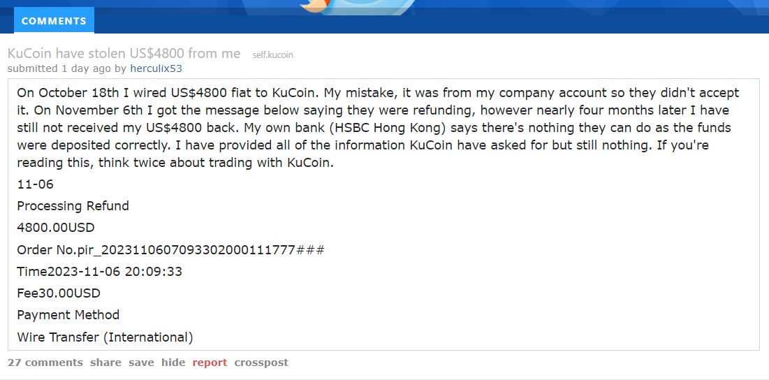 Người dùng cho biết đã bị khóa tài khoản KuCoin của họ. Nguồn: Reddit