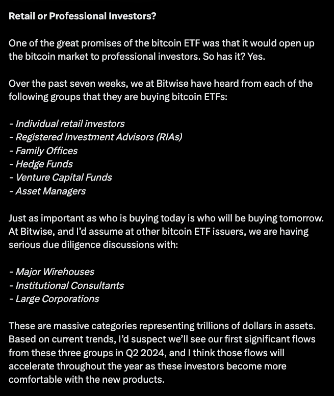 Vốn tổ chức đã sẵn sàng chảy vào Bitcoin ETF. Nguồn: Bitwise trên X