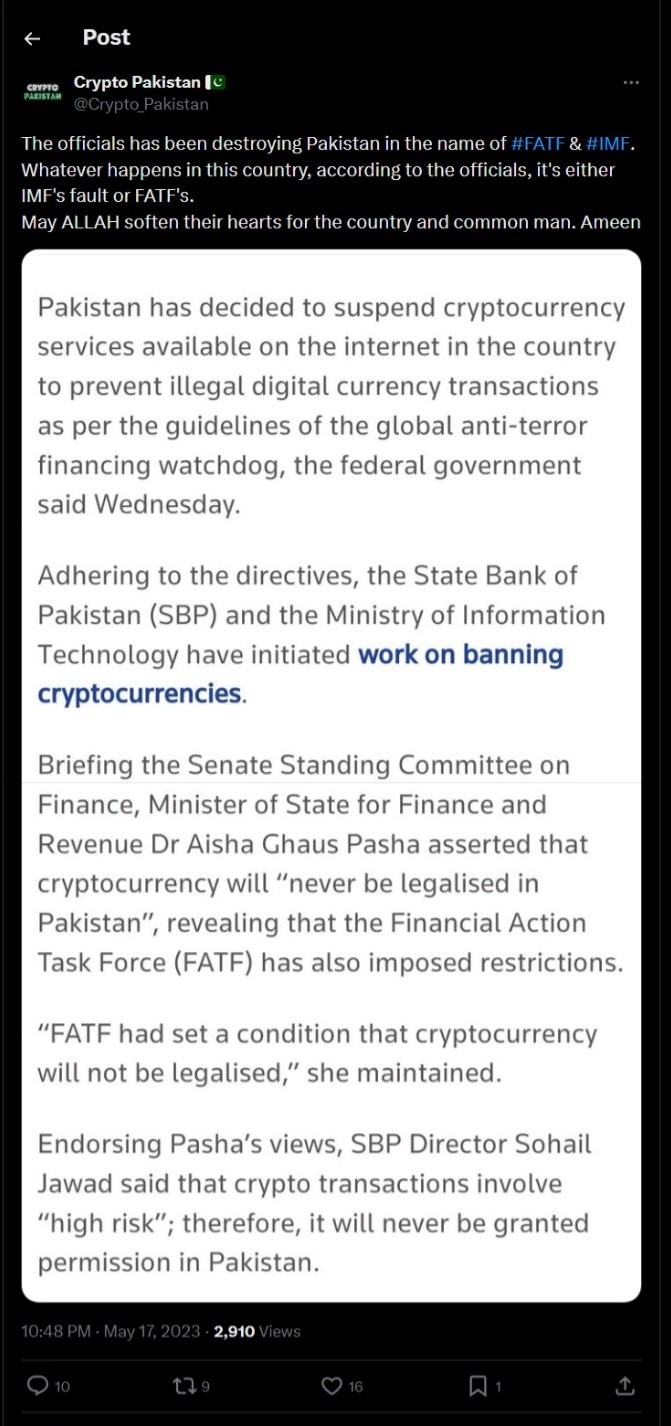 Cộng đồng tiền điện tử ở Pakistan đã bác bỏ quyết định cấm giao dịch tiền điện tử của chính phủ dựa trên khuyến nghị của IMF. Nguồn:  @Crypto_Pakistan trên X