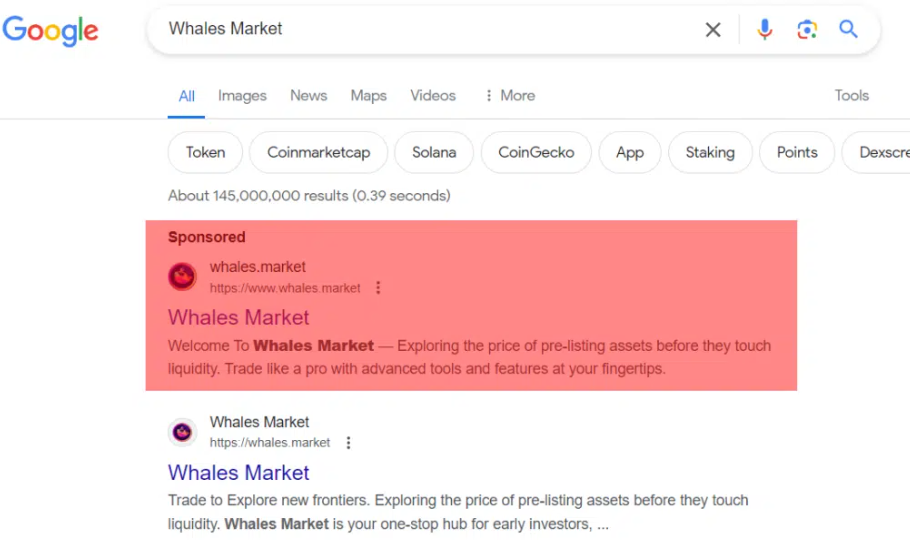 Phiên bản giả mạo của Whales Market được quảng bá bởi Google Ads Nguồn: Google