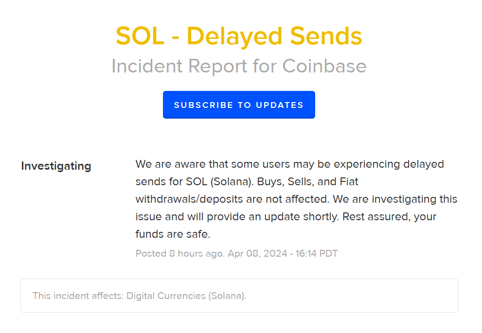 Báo cáo sự cố Solana cho Coinbase. Nguồn: status.coinbase.com