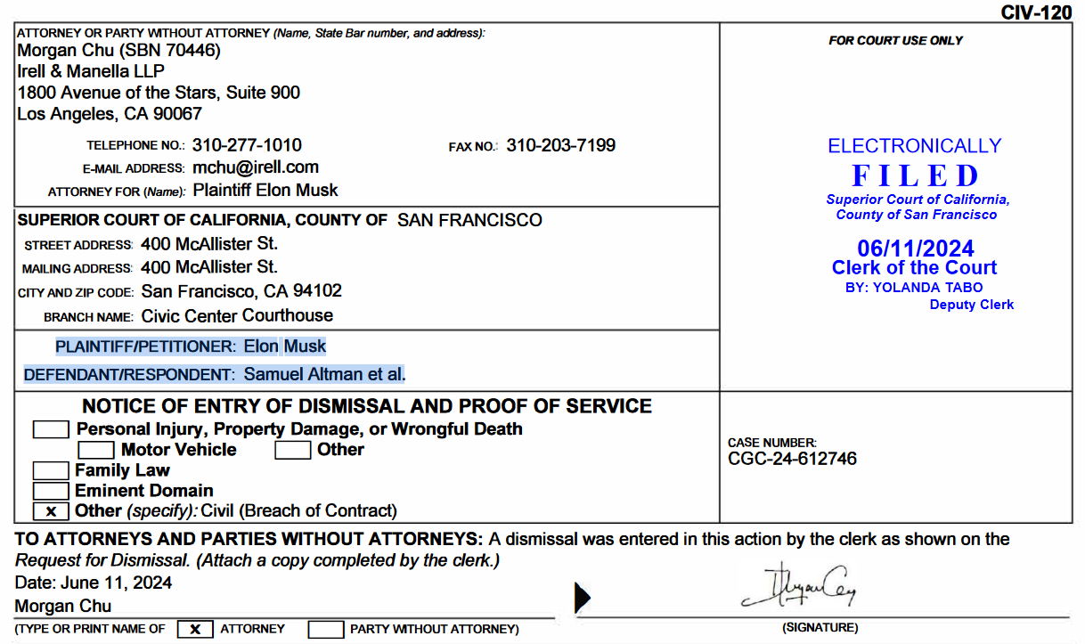 Chi tiết về việc Musk nộp đơn bác bỏ vụ kiện mà không ảnh hưởng đến OpenAI và Altman. Nguồn: Tòa Thượng Thẩm California
