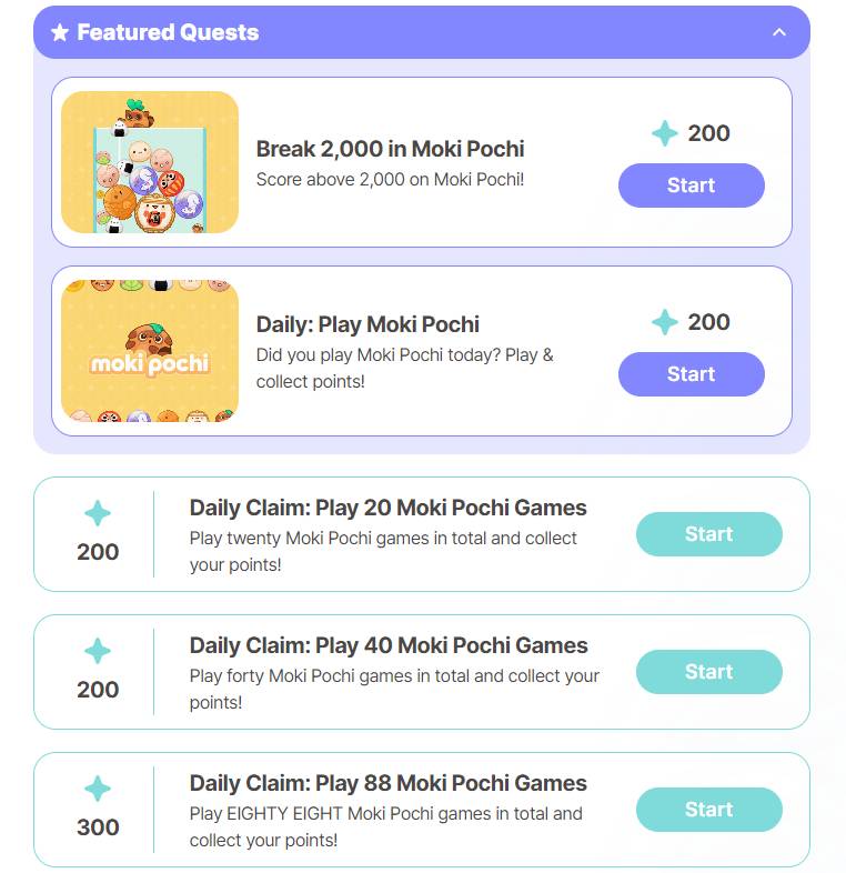 Các nhiệm vụ chơi game Moki Pochi tại mục Quests