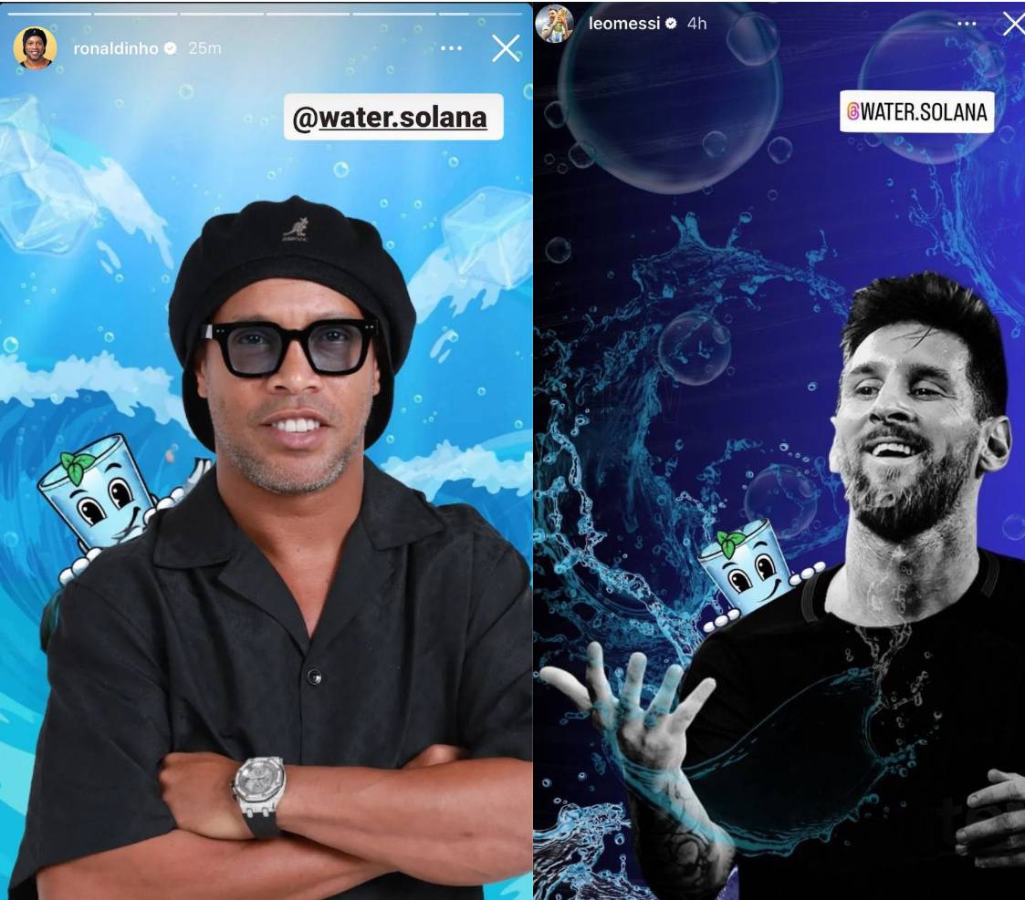 memecoin WATER cùng 2 ngôi sao bóng đá Ronaldinho và Messi