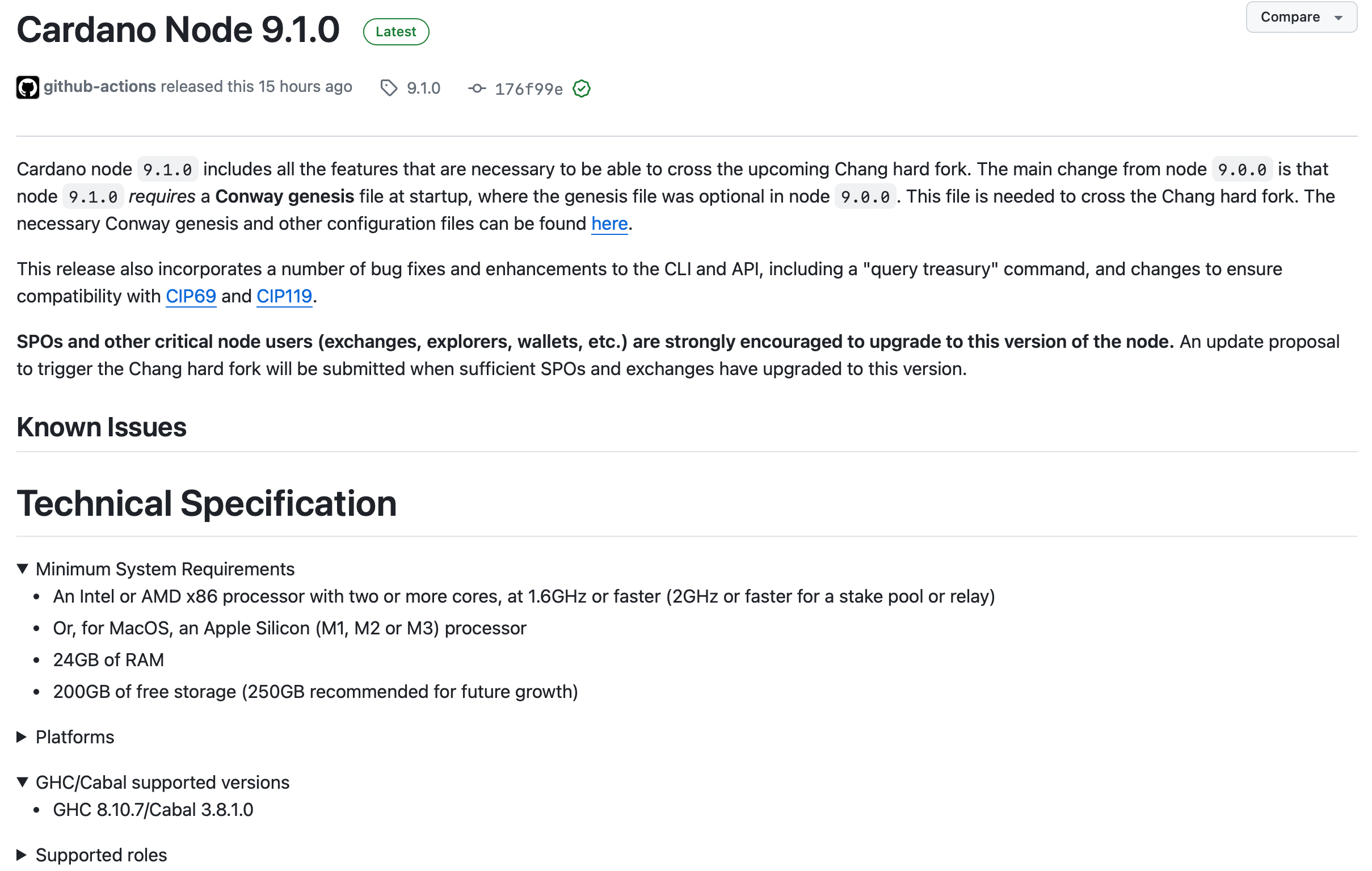 Tài liệu Cardano Node 9.1.0. Nguồn: GitHub 