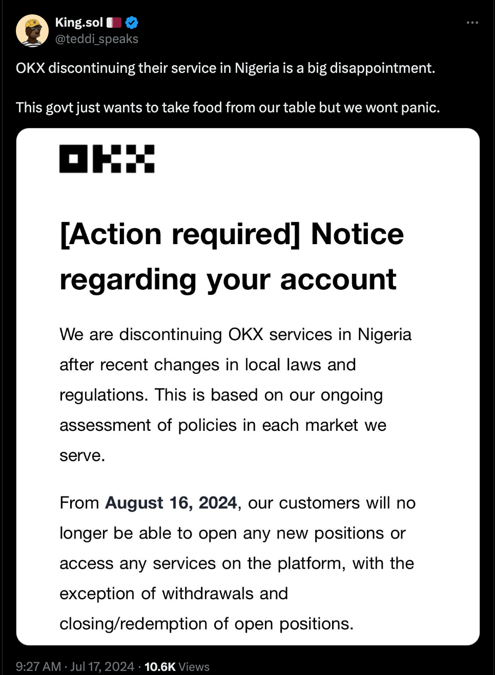 Email của OKX gửi đến khách hàng Nigeria. Nguồn: King. SolEmail của OKX gửi đến khách hàng Nigeria. Nguồn: King. Sol
