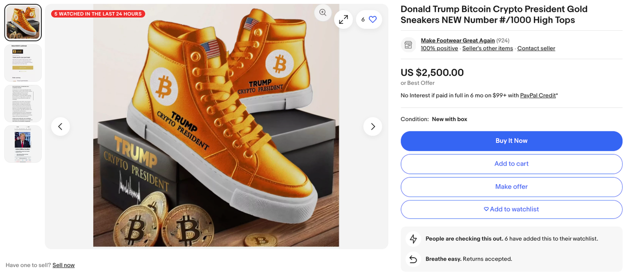 Giày thể thao Bitcoin của Trump đang được rao bán trên eBay với giá 2.500 đô la. Nguồn: eBay