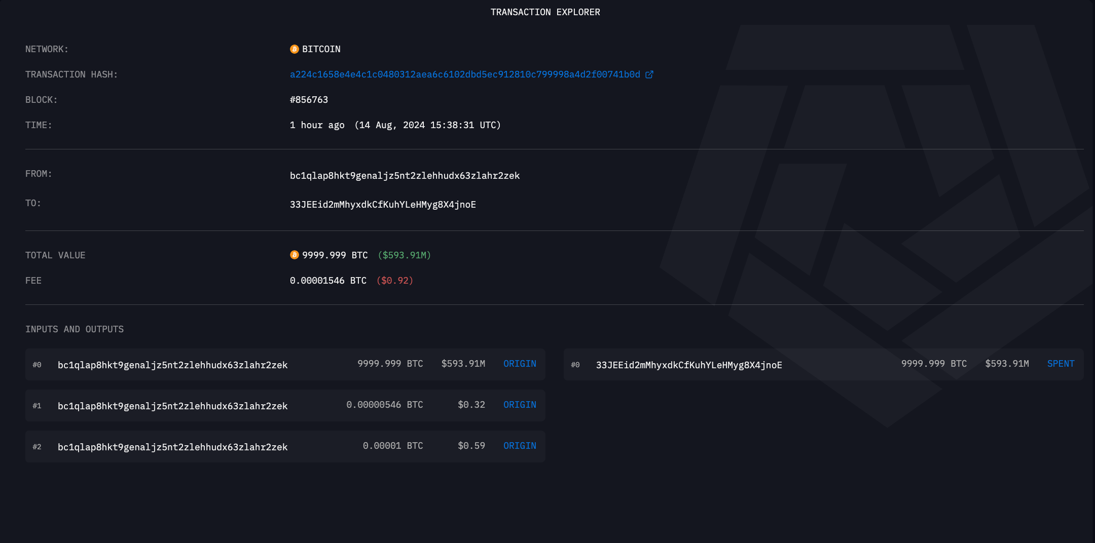 Thông tin giao dịch của chính phủ Hoa Kỳ chuyển BTC. Nguồn: Arkham Intelligence