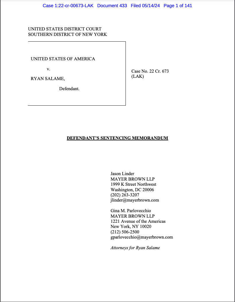 Bản ghi nhớ tuyên án do luật sư của Salame đệ trình. Nguồn: Court Listener