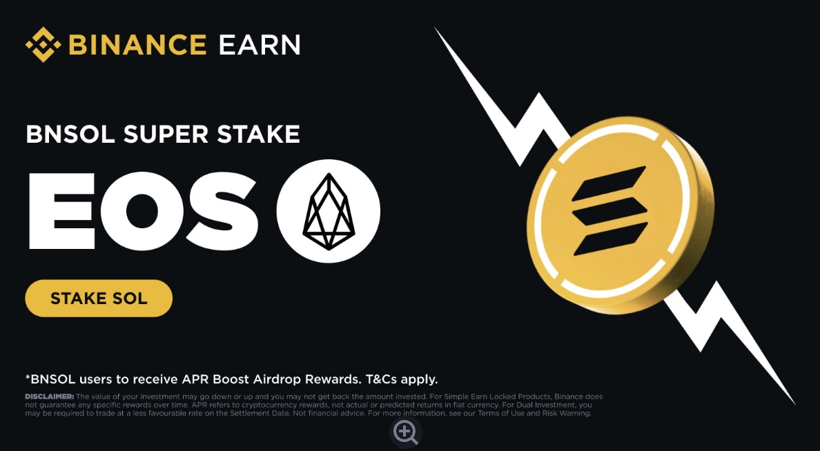 Binance thông báo dự án thứ 4 trên BNSOL Super Stake - EOS Network (EOS)