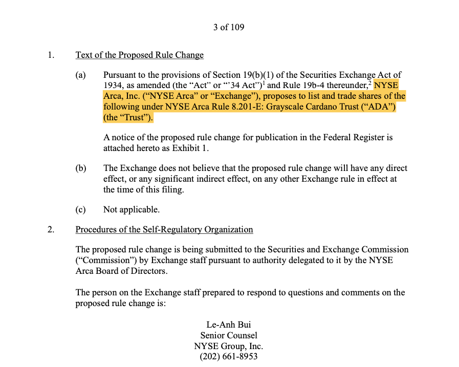 NYSE Arca đã nộp đơn thay mặt cho Grayscale để ra mắt ETF Cardano. Nguồn: NYSE