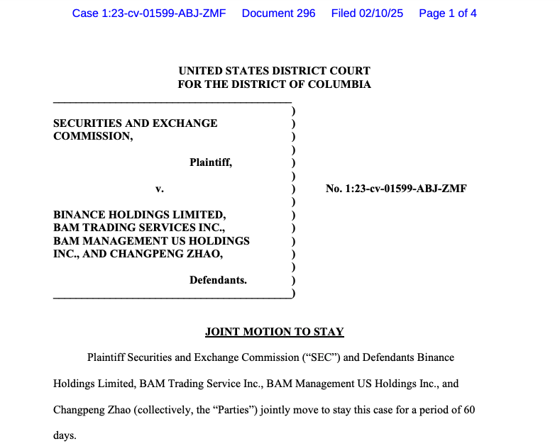 Một đoạn trích từ động thái chung để hoãn lại của SEC và Binance được đệ trình vào ngày 10 tháng 2 năm 2025. Nguồn: CourtListener