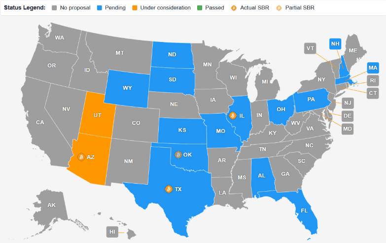 Tình trạng SBR của Hoa Kỳ theo từng tiểu bang. Nguồn: Bitcoin Reserve Monitor 